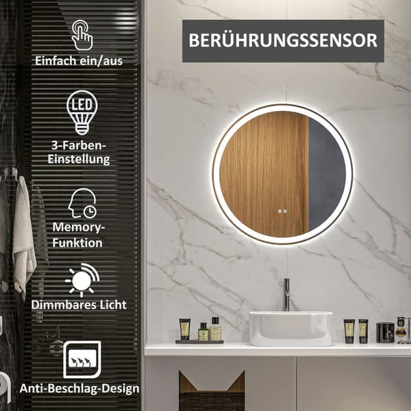Badeværelsesspejl med LED-belysning, Ø 60 cm, Hvid+Sølv