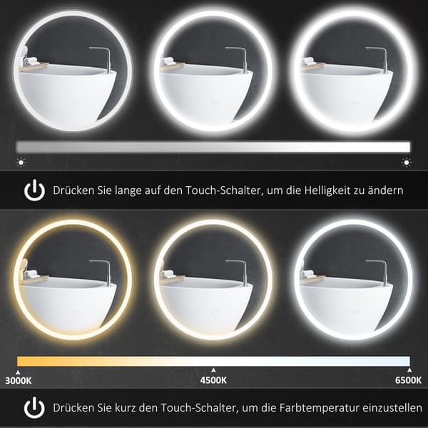 Badeværelsesspejl med LED-belysning, Ø 60 cm, Hvid+Sølv