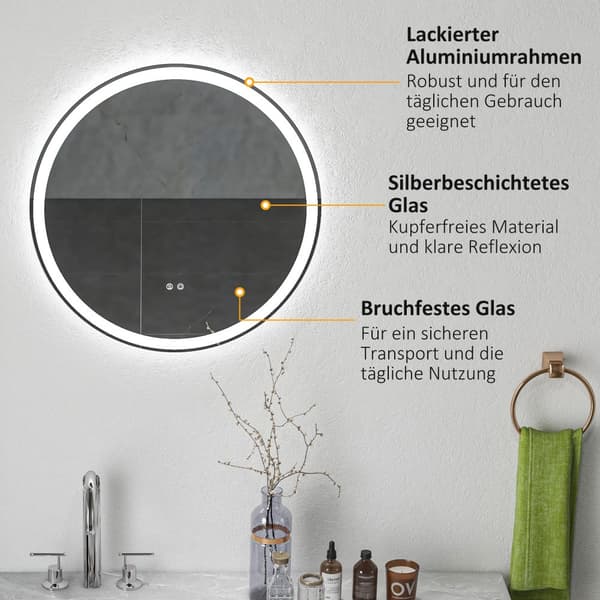 Badeværelsesspejl med LED-belysning, Ø 60 cm, Hvid+Sølv