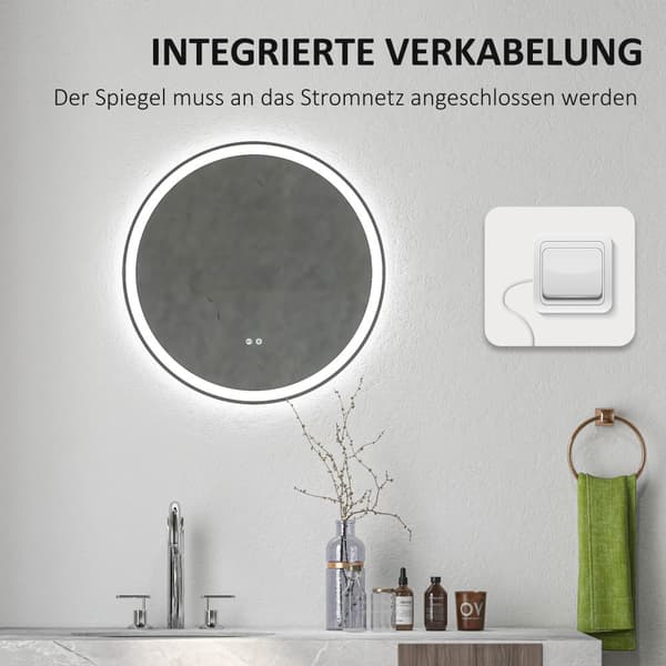 Badeværelsesspejl med LED-belysning, Ø 60 cm, Hvid+Sølv