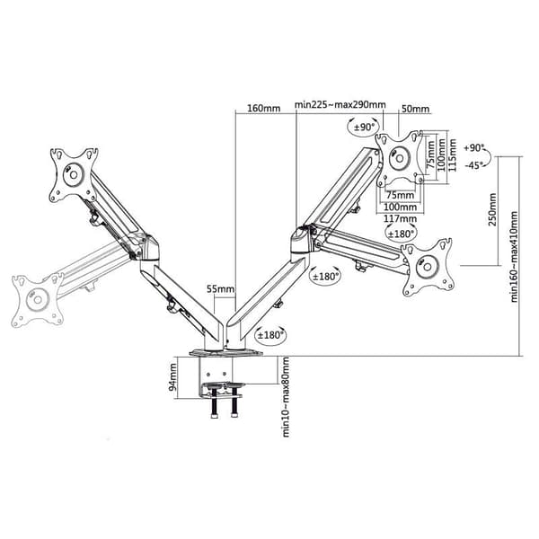 NÖRDIC Monitor Alarm Table Bracket med gassfjær for doble skjermer, 17 "-27", aluminium og stål, svart, skjermbrakett