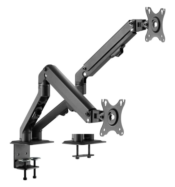 NÖRDIC Monitor Alarm Table Bracket med gassfjær for doble skjermer, 17 "-27", aluminium og stål, svart, skjermbrakett