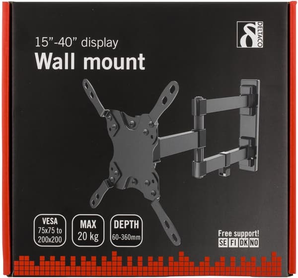 Wall mount for tv/screen, 15"-40", max 20kg, 3 leads, black