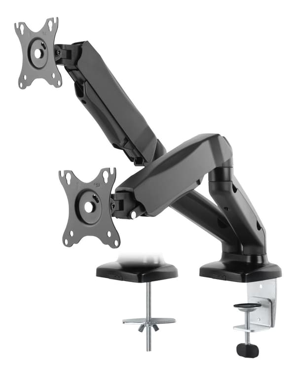 Full-motion dual desk mount, gas spring, 17-32", tilt, rotat