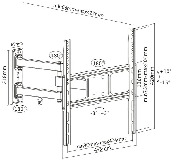 Full motion 3-way wall mount for monitor/tv, 32"-55", tilt