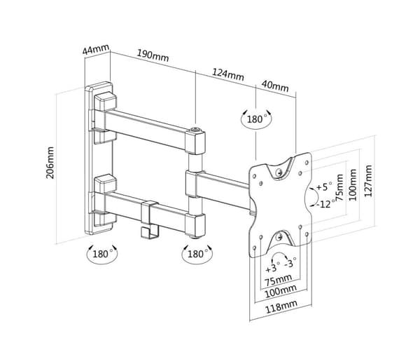 Full motion 3-way wall mount, 13-27" up to 20 kg, tilt, rota