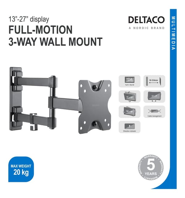 Full motion 3-way wall mount, 13-27" up to 20 kg, tilt, rota