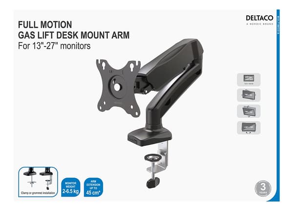 Monitor desk mount 13-27", gas operated, VESA, three axis