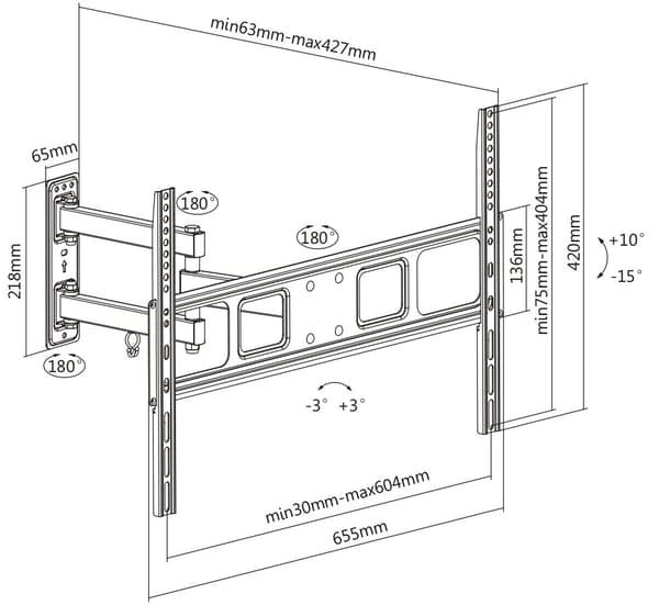 Full motion 3-way wall mount for monitor/tv, 37"-70", tilt