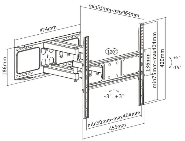 Full motion 3-way wall mount for monitor/tv, 32"-55", tilt