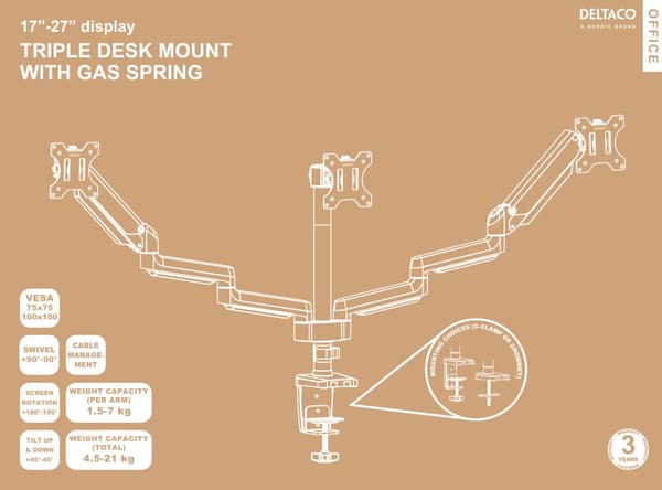 OFFICE Triple Mount Gas Spring Monitor Arm tilt 17"-27"