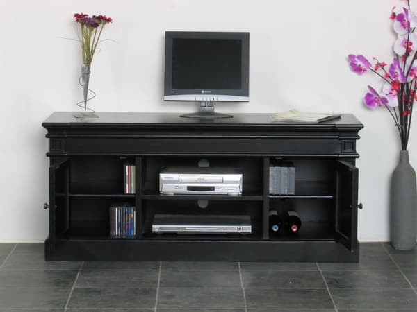 Amaretta TV-bänk med 2 dörrar och 1 hylla bredd 137 cm, höjd 60 cm antiksvart.