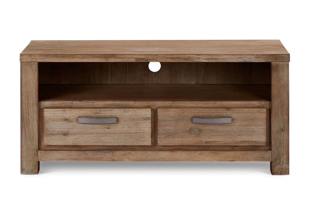 Alana TV-bänk med 2 lådor och 1 hylla, brunbetsad akacia. Levereras monterad.