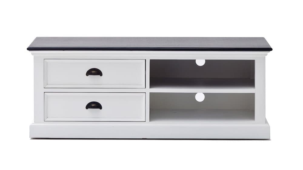 HalifaxContrast TV-bänk med 2 lådor och 1 hylla, vit med svart topp.