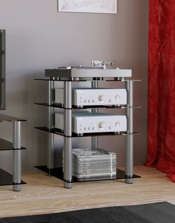 Bilus mediamöbel , Hifi silverfärgad, svart glas.