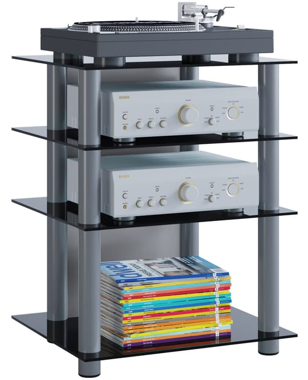 Bilus mediamöbel , Hifi silverfärgad, svart glas.