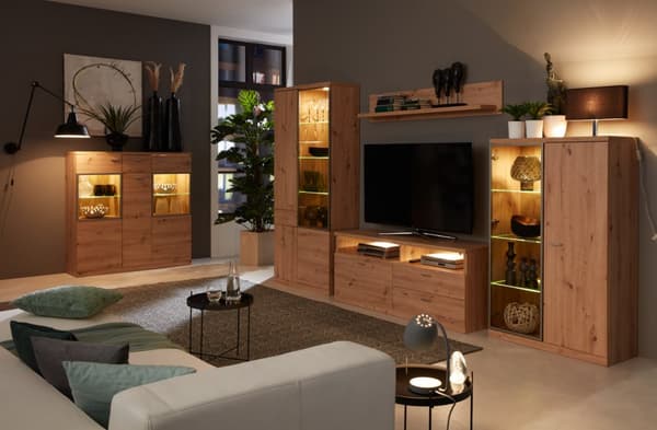 Echo TV möbel 2 lådor, 2 öppna fack, 1 klaff, med belysning ekmönstrad.