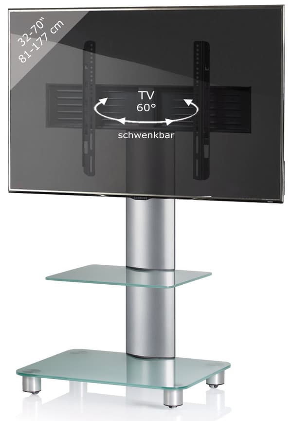 Tosal TV stander med glasfod, 1 glashylde og hjul, sølvfarvet, matglas.