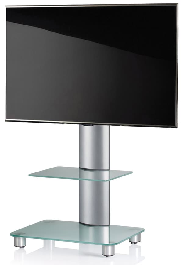 Tosal TV stander med glasfod, 1 glashylde og hjul, sølvfarvet, matglas.