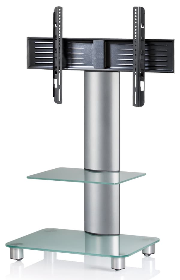 Tosal TV stander med glasfod, 1 glashylde og hjul, sølvfarvet, matglas. Sølv