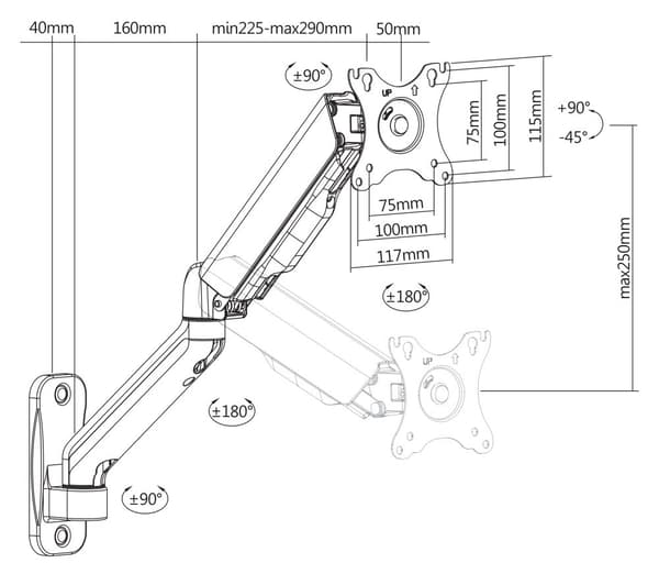 OFFICE Single wall gas spring, 17"-32", 2-9kg