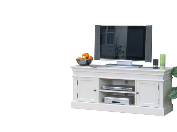 Amaretta tv-benk, bredde 137 cm, høyde 60 cm, antikk hvit, antikk patinert.