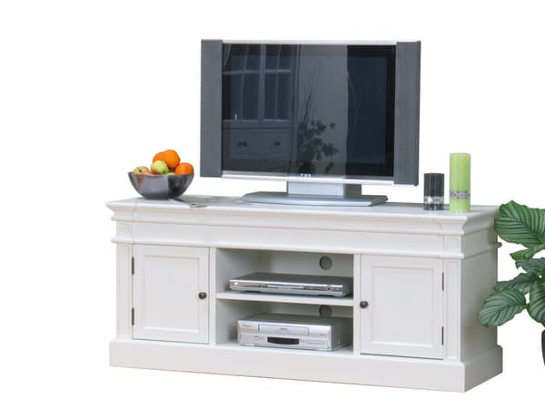 Amaretta tv-benk, bredde 137 cm, høyde 60 cm, antikk hvit, antikk patinert.