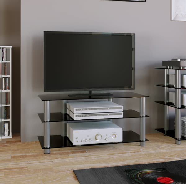 Netasa TV-møbel med 3 glasshyllersølvfarget, svart glass.