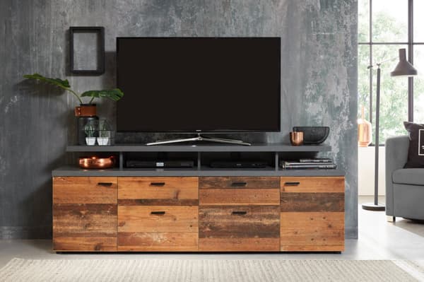 Mood TV-bord 2 dører, 2 skuffer, 4 åpne rom, 2 klaffer eik dekor, old wood dekor.