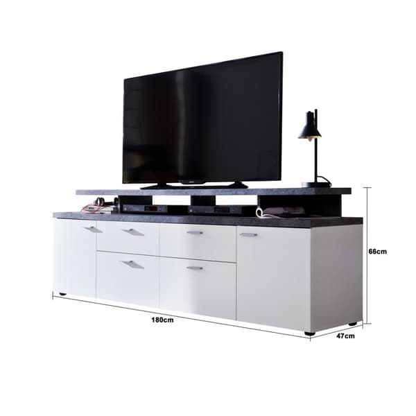 Mood TV-bord 2 dører, 2 skuffer, 4 åpne rom, 2 klaffer hvit, stein dekor.