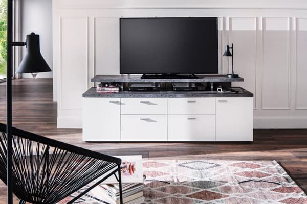 Mood TV-bord 2 dører, 2 skuffer, 4 åpne rom, 2 klaffer hvit, stein dekor.