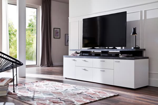 Mood TV-bord 2 dører, 2 skuffer, 4 åpne rom, 2 klaffer hvit, stein dekor.