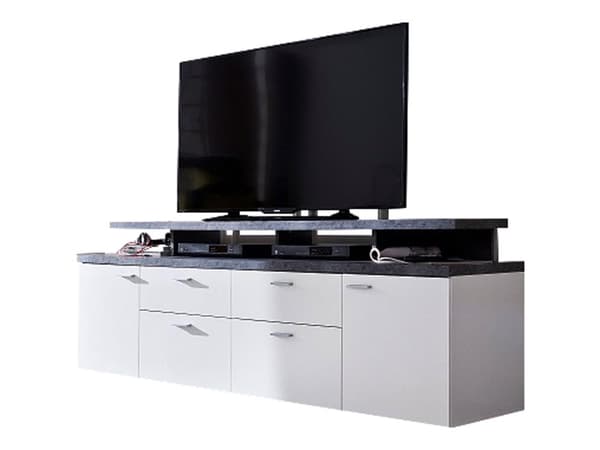 Mood TV-bord 2 dører, 2 skuffer, 4 åpne rom, 2 klaffer hvit, stein dekor.
