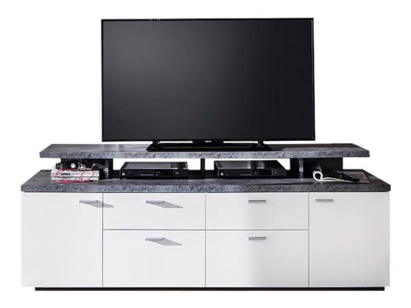 Mood TV-bord 2 dører, 2 skuffer, 4 åpne rom, 2 klaffer hvit, stein dekor.