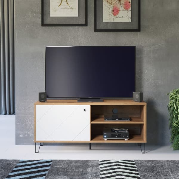 Touch TV-bord 1 dør, 2 åpne rom eik dekor, matt hvit.