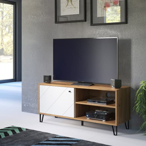 Touch TV-bord 1 dør, 2 åpne rom eik dekor, matt hvit.