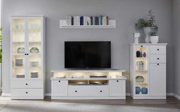 Brax TV-bord med 1 tv hylle, 2 dører, 4 hyller og 1 klaffdør, hvit.