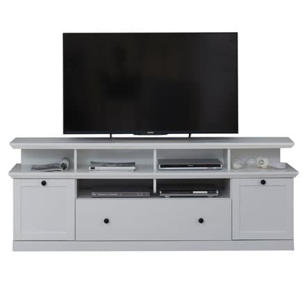 Brax TV-bord med 1 tv hylle, 2 dører, 4 hyller og 1 klaffdør, hvit.
