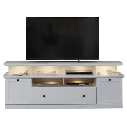 Brax TV-bord med 1 tv hylle, 2 dører, 4 hyller og 1 klaffdør, hvit.