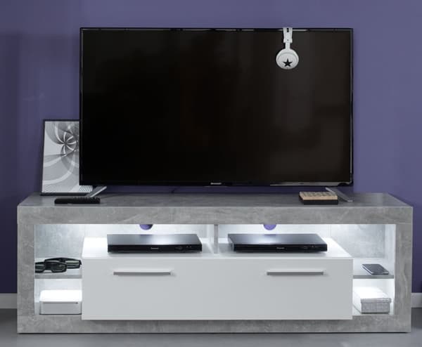 Rock TV-bord 150 cm 1 dør, 4 åpne rom Betong dekor, hvit, hvit høyglans.
