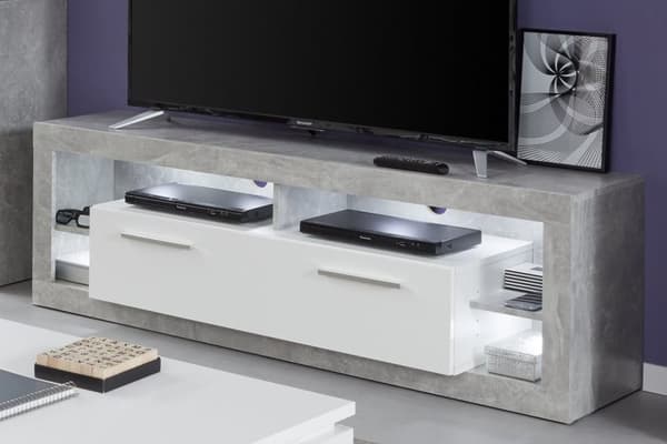 Rock TV-bord 150 cm 1 dør, 4 åpne rom Betong dekor, hvit, hvit høyglans.