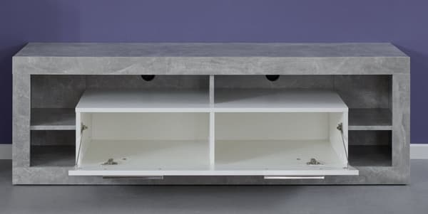 Rock TV-bord 150 cm 1 dør, 4 åpne rom Betong dekor, hvit, hvit høyglans.