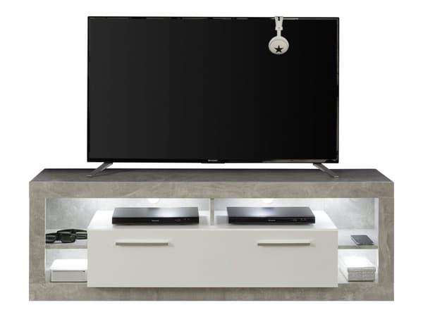 Rock TV-bord 150 cm 1 dør, 4 åpne rom Betong dekor, hvit, hvit høyglans.