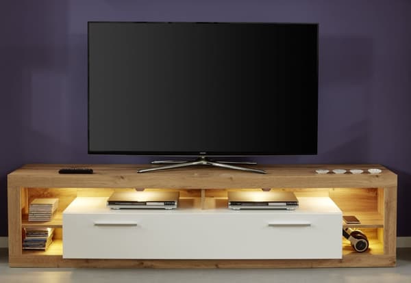 Rock TV-bord 200 cm 1 dør, 4 åpne rom Wotan eik dekor, hvit, hvit høyglans.