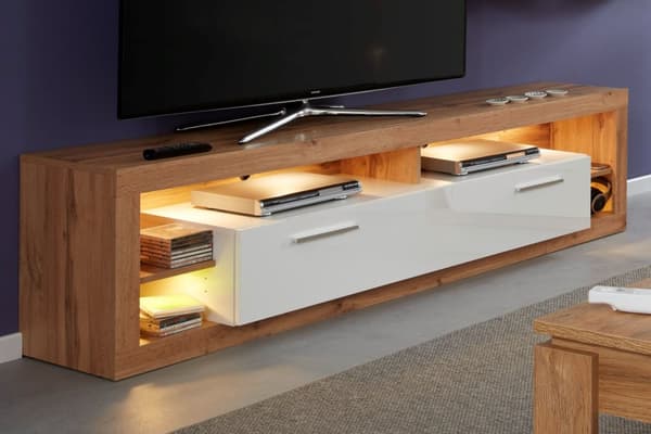 Rock TV-bord 200 cm 1 dør, 4 åpne rom Wotan eik dekor, hvit, hvit høyglans.