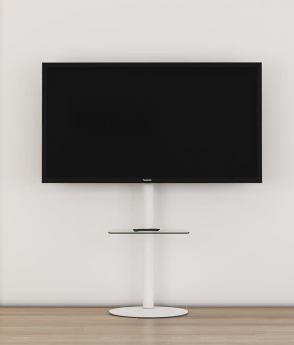 Cirla gulvstativ til TV med 1 hylle, rund fot hvit, klart glass.