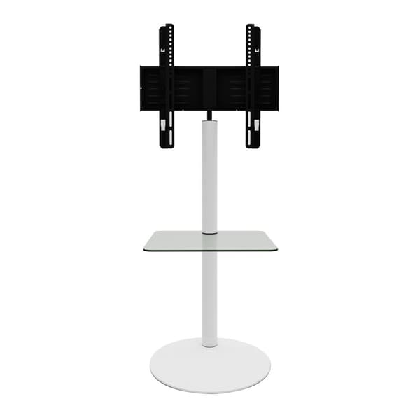 Cirla gulvstativ til TV med 1 hylle, rund fot hvit, klart glass.