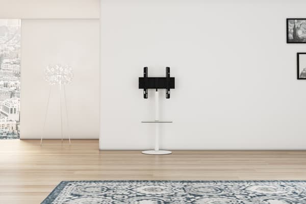 Cirla TV stander med 1 hylde, rund fod, hvid, klarglas.