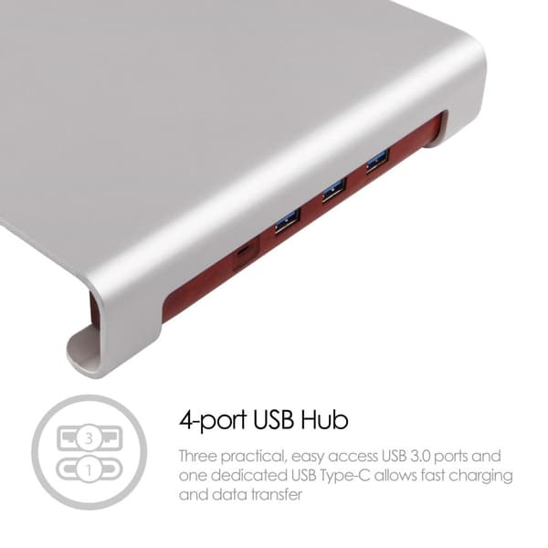 DESIRE2 Näyttöteline Riser Universal 3x USB-A, 1x Type-C, Hopea