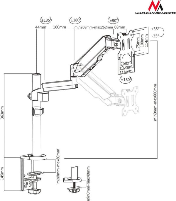 Maclean MC-775 skærmbeslag / stativ 81,3 cm (32") Clamp Grey